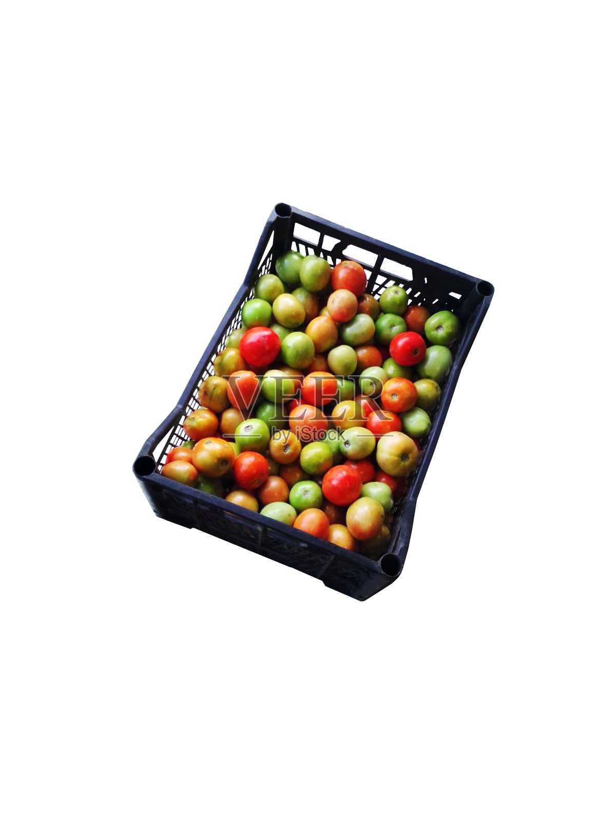 黑色塑料盒中装有棕色、红色和绿色有机番茄，背景为白色照片摄影图片