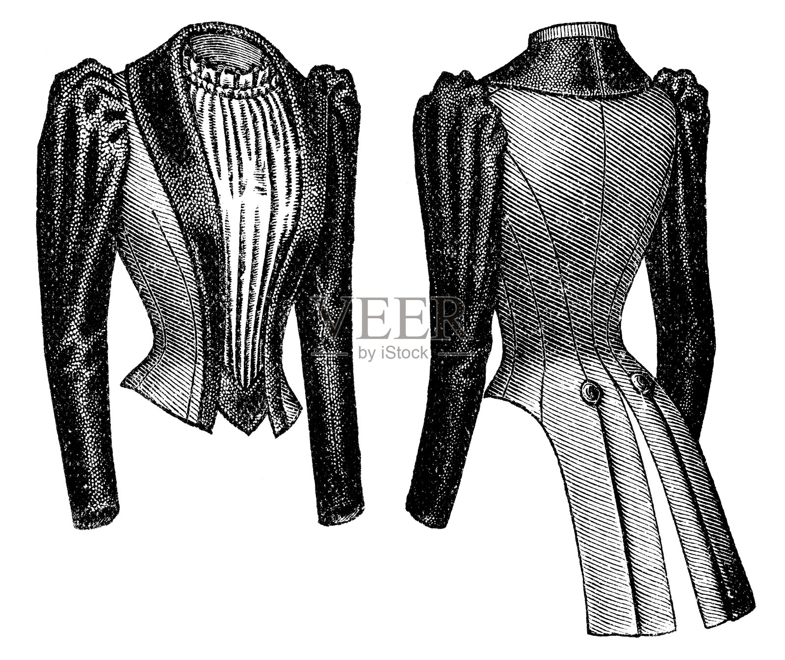19世纪90年代维多利亚时代的时尚，女士带羊腿袖的燕尾服和褶皱的巴斯克紧身胸衣(前后)- 19世纪插画图片素材