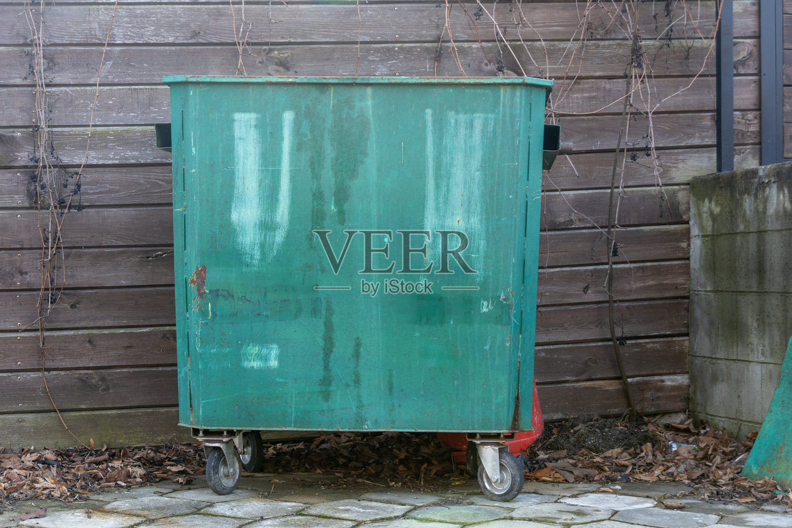 一个绿色的带轮垃圾箱坐落在一个被藤蔓覆盖的木墙旁边，安静的小巷里，地面上散落着落叶，阳光明媚。照片摄影图片