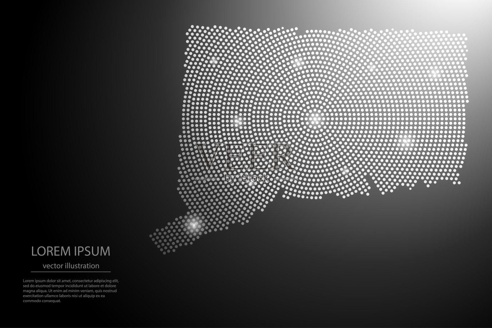 抽象的康涅狄格州地图，灰色点和在黑暗背景上的发光星星。插画图片素材