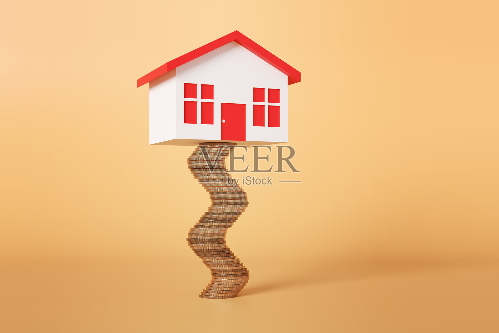 红白相间的玩具房子稳稳地放在一堆摇摇欲坠的金币上，背景为橙色。这幅插图展示了抵押贷款和房地产可负担性的概念。照片摄影图片