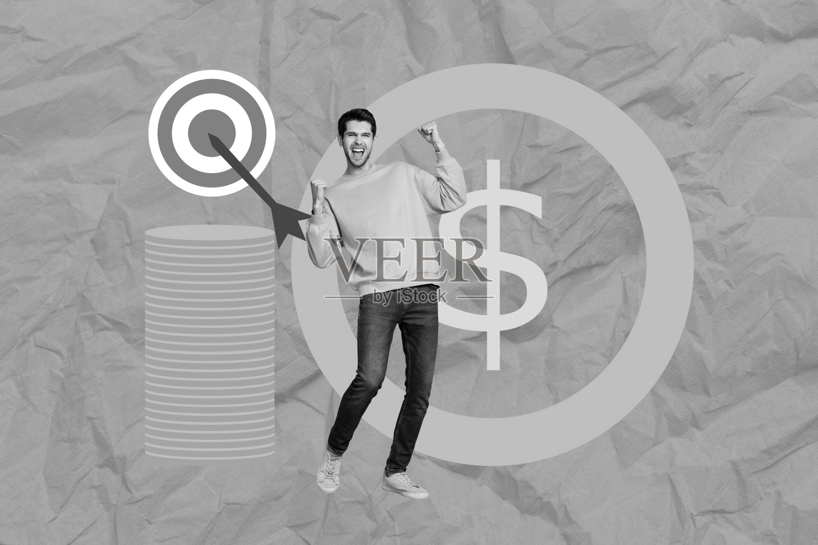 年轻商人企业家举拳庆祝胜利，目标成功，财富满满，背景为绘画风格的照片拼贴艺术设计照片摄影图片