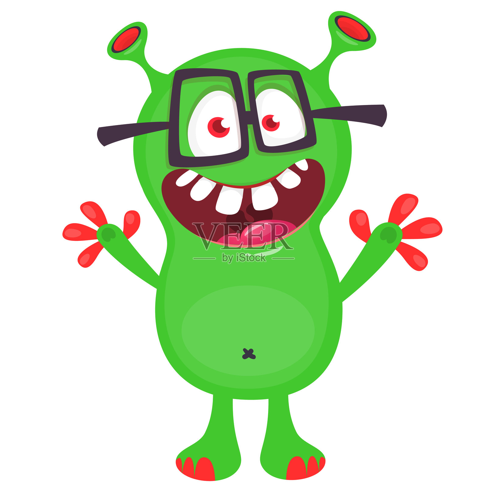 卡通可爱怪兽，面带搞笑兴奋的表情，挥动着手。白色背景上的矢量插图。万圣节设计。插画图片素材