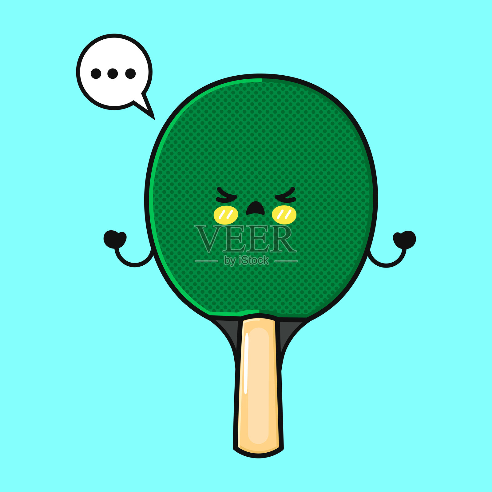卡通乒乓球拍角色。焦虑的乒乓球拍与对话气泡插画图片素材