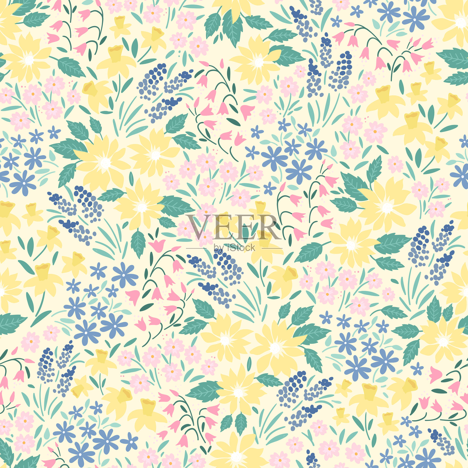 可爱的手绘花卉无缝图案，适合用于纺织品、包装、横幅、布料和表面 - 矢量设计插画图片素材