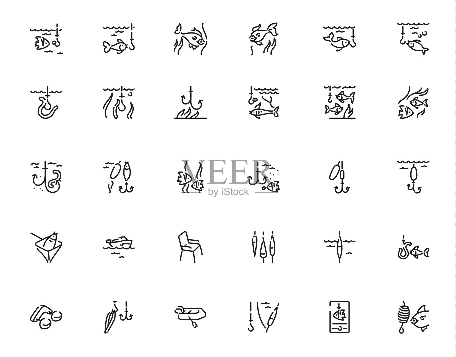 钓鱼、鱼钩、饵料和钓鱼设备，带可编辑线条的矢量图标集插画图片素材