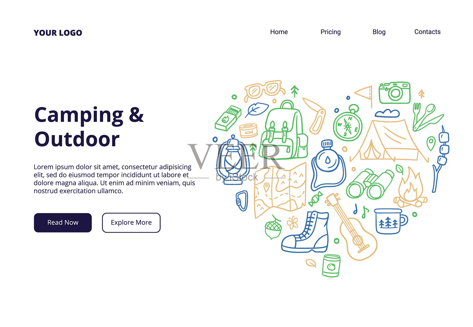 露营和户外冒险的涂鸦插图。与旅行、旅游和荒野相关的设计。适用于着陆页、横幅或广告的矢量插图。插画图片素材