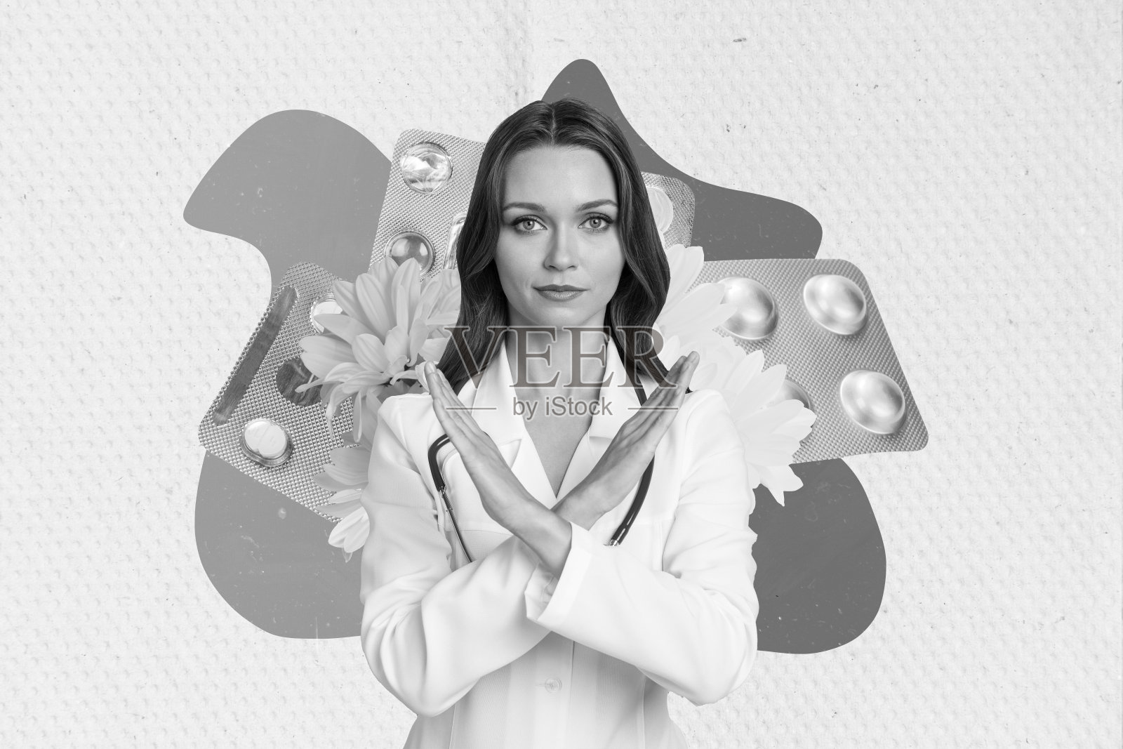 年轻有经验的医生在画背景前展示交叉双手的否定符号，表示在医疗建议之前不使用药物的拼贴照片。照片摄影图片