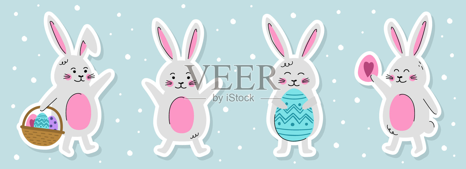 可爱的复活节兔子贴纸。卡通风格的图标集合。矢量插图插画图片素材