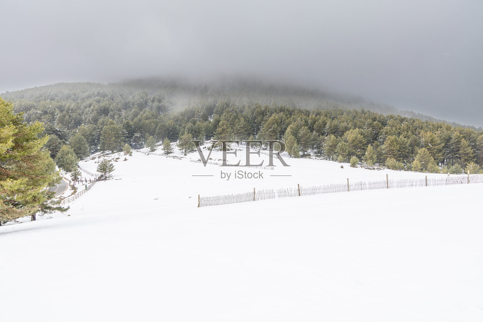 2025年3月，马德里瓜达拉马山脉的降雪景象照片摄影图片