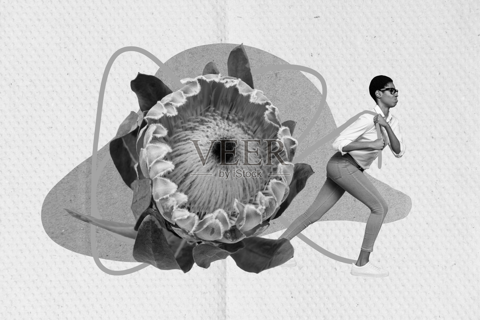 复古风格的3D拼贴画，描绘了一位目的明确的女士和男士，手持巨大的花朵，背景为单色画作。照片摄影图片