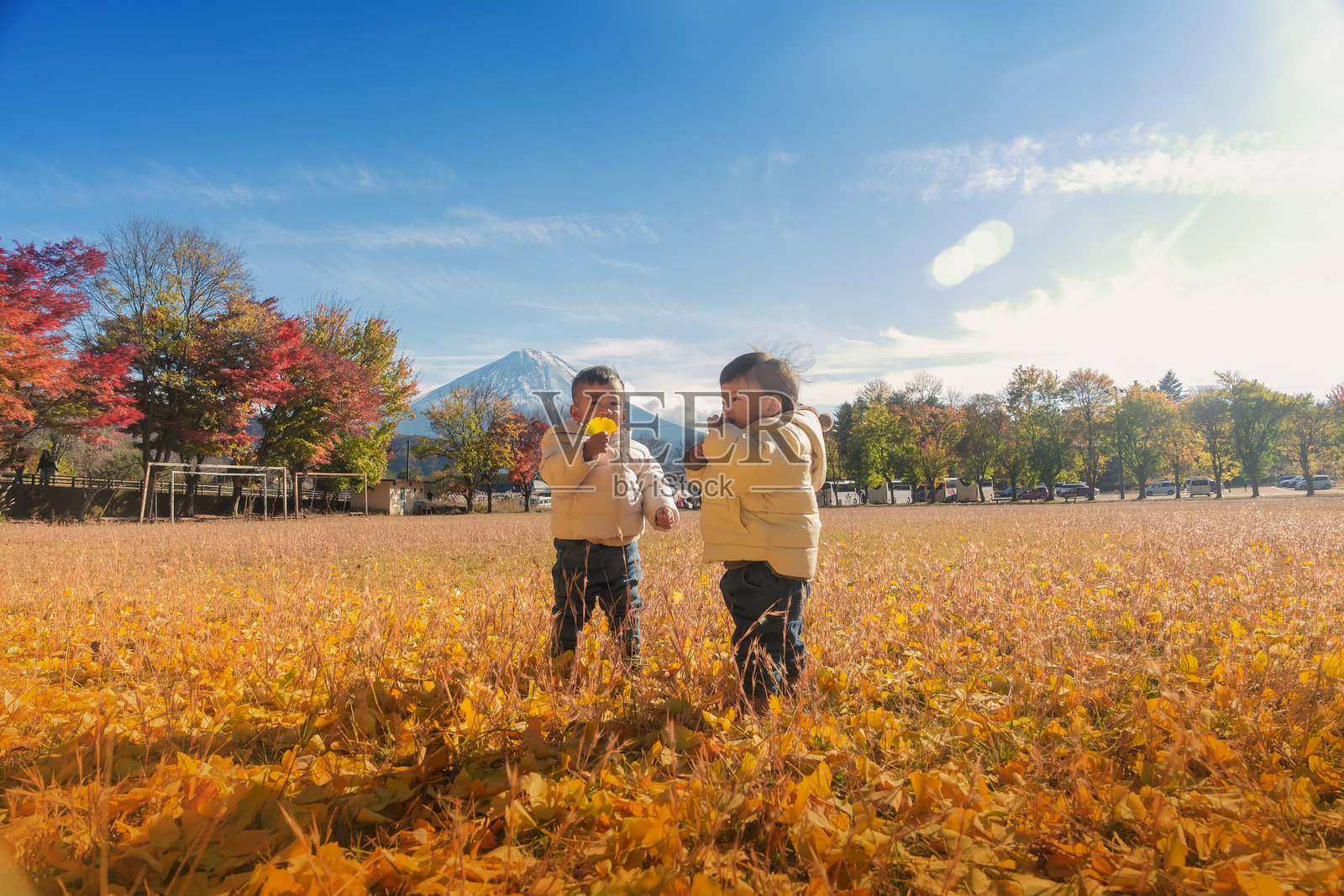 亚洲男婴幼儿在公共草地公园的日落时分玩耍，干草地上充满了玩乐的生活方式，背景是巨基山。照片摄影图片