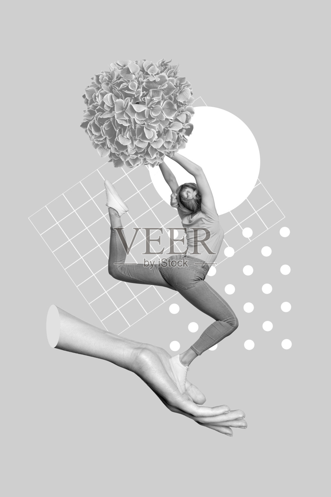 创意超现实主义模板拼贴，迷你女啦啦队员运动支持，享受3月8日和2月14日庆祝礼物照片摄影图片