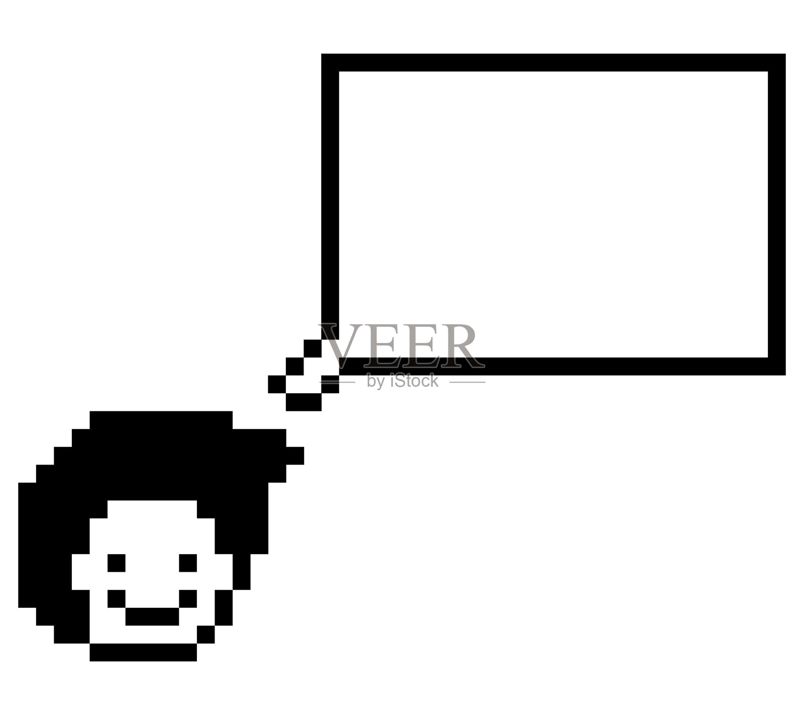 卡通像素可爱角色男性面孔，带有空白对话框装饰，8位男孩说话讨论想法，聊天框卡通像素8位游戏矢量图。插画图片素材