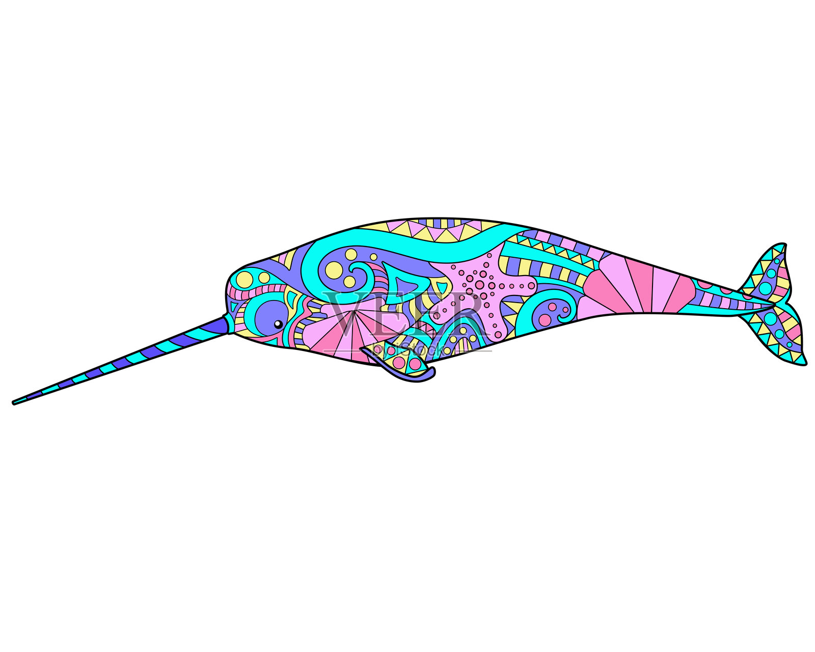 独角鲸 - 矢量线条全彩插图。海洋哺乳动物 - 多彩的独角鲸带有图案。插画图片素材