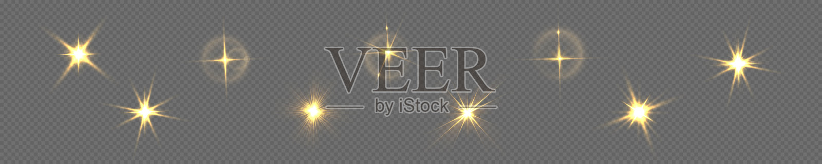 插图矢量抽象背景设计，带有闪亮明亮的光束、摄影效果、闪烁的火花、黄色阳光、透明背景、光束、聚光灯、图标集、爆炸闪光、庆祝粒子投影。插画图片素材
