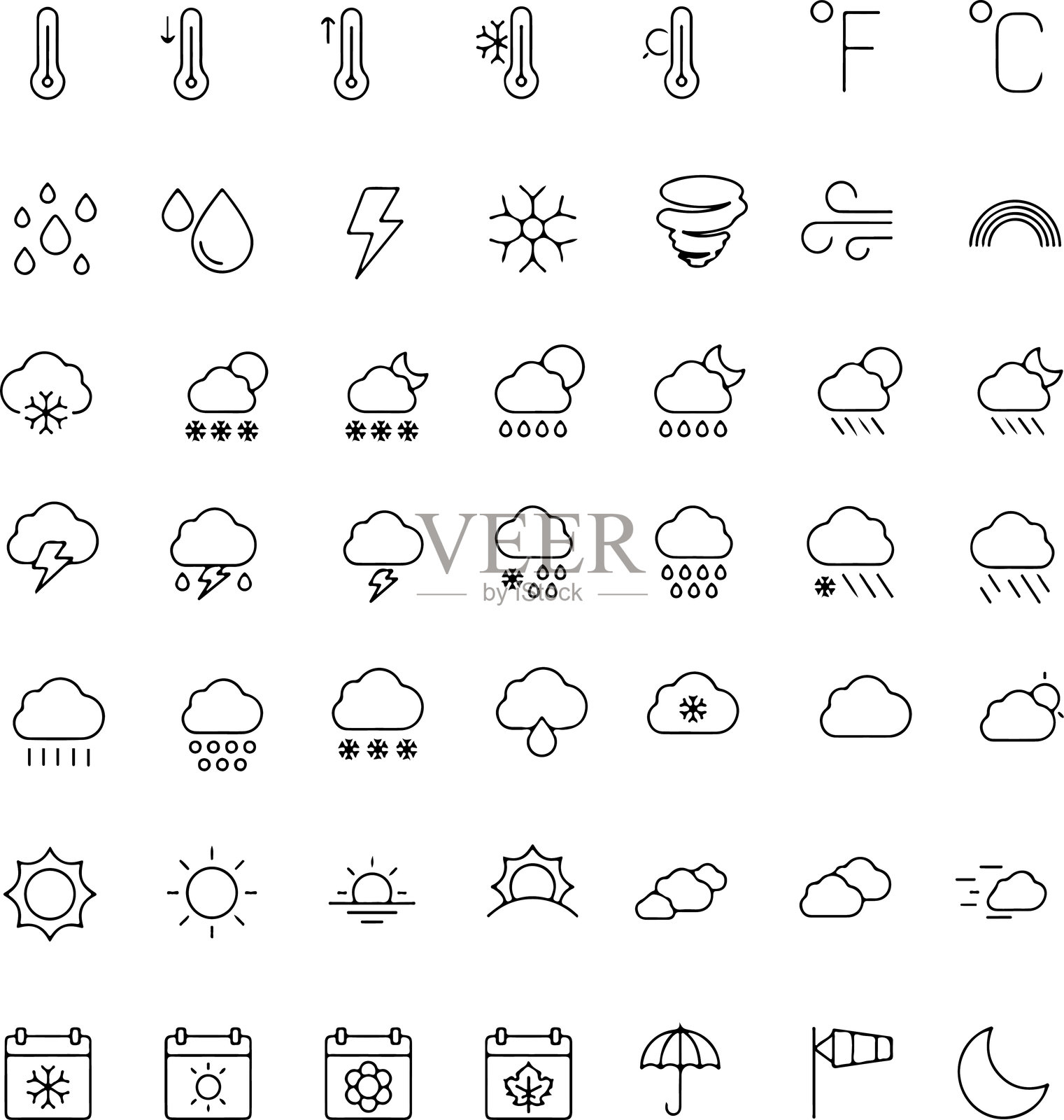 像素完美的天气状况预报图标集。晴天、局部多云、多云、阴天、雨、阵雨、雷暴、雪、雨夹雪、冰雹、雾、刮风，细线图标，平面矢量插图。插画图片素材