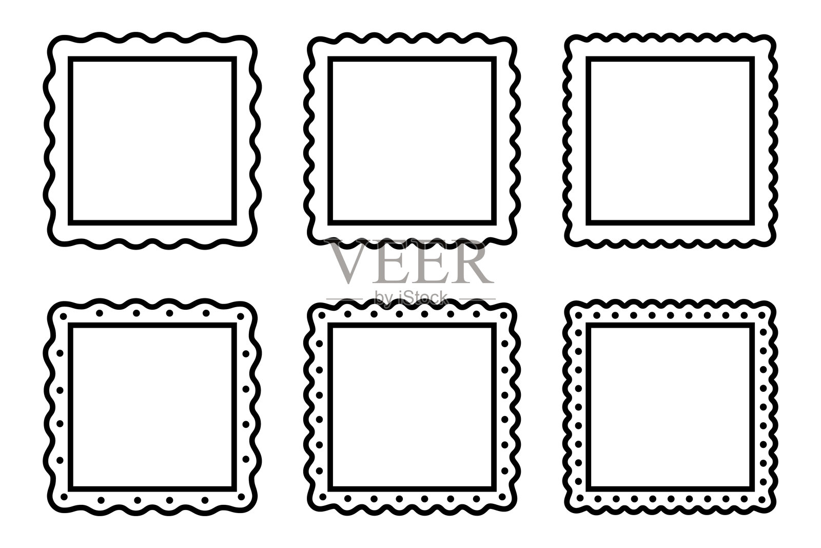 一组带波浪边缘的方框。用于图片、照片或镜子的渐变边框。空白框、标签、邮票或标签。矢量图形插图插画图片素材