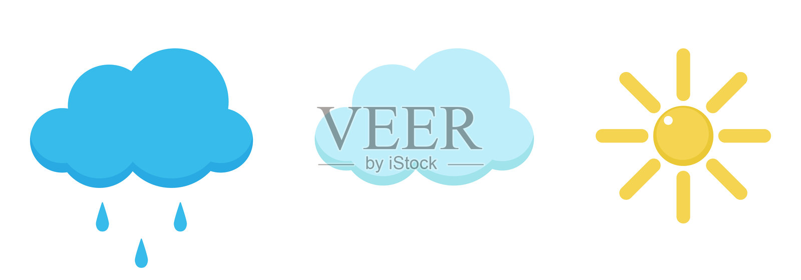 阳光、云朵和雨云在白色背景上独立展示。扁平风格。天气的矢量插图和颜色图标。插画图片素材