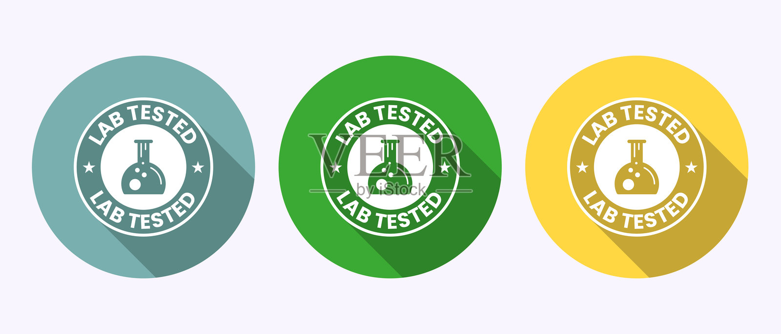 实验室测试图标。实验室测试产品质量证书符号，阴影按钮设计。插画图片素材
