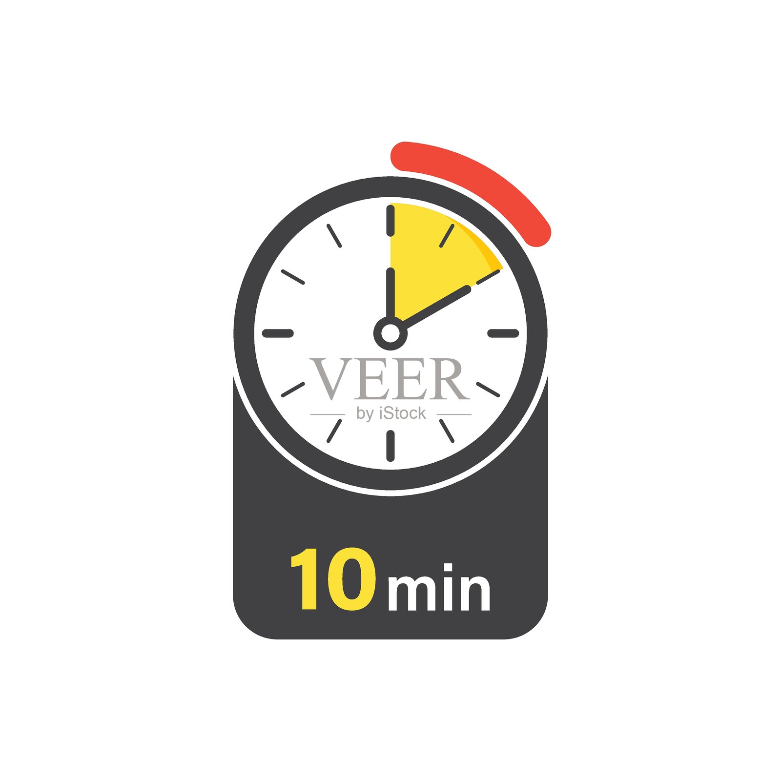 平面风格的秒表图标，显示10分钟。时钟面计时器矢量插图，背景为单色。倒计时标志商业概念。插画图片素材