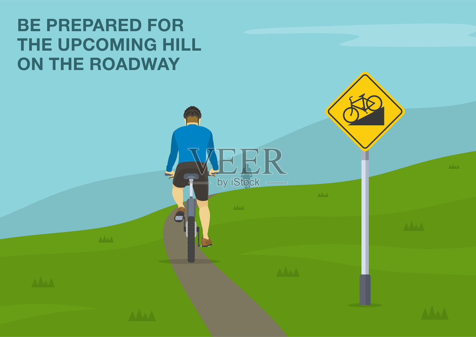 安全驾驶提示和交通规则。骑自行车在坡道和山丘上。山丘上骑自行车者的背影。矢量插图模板。插画图片素材