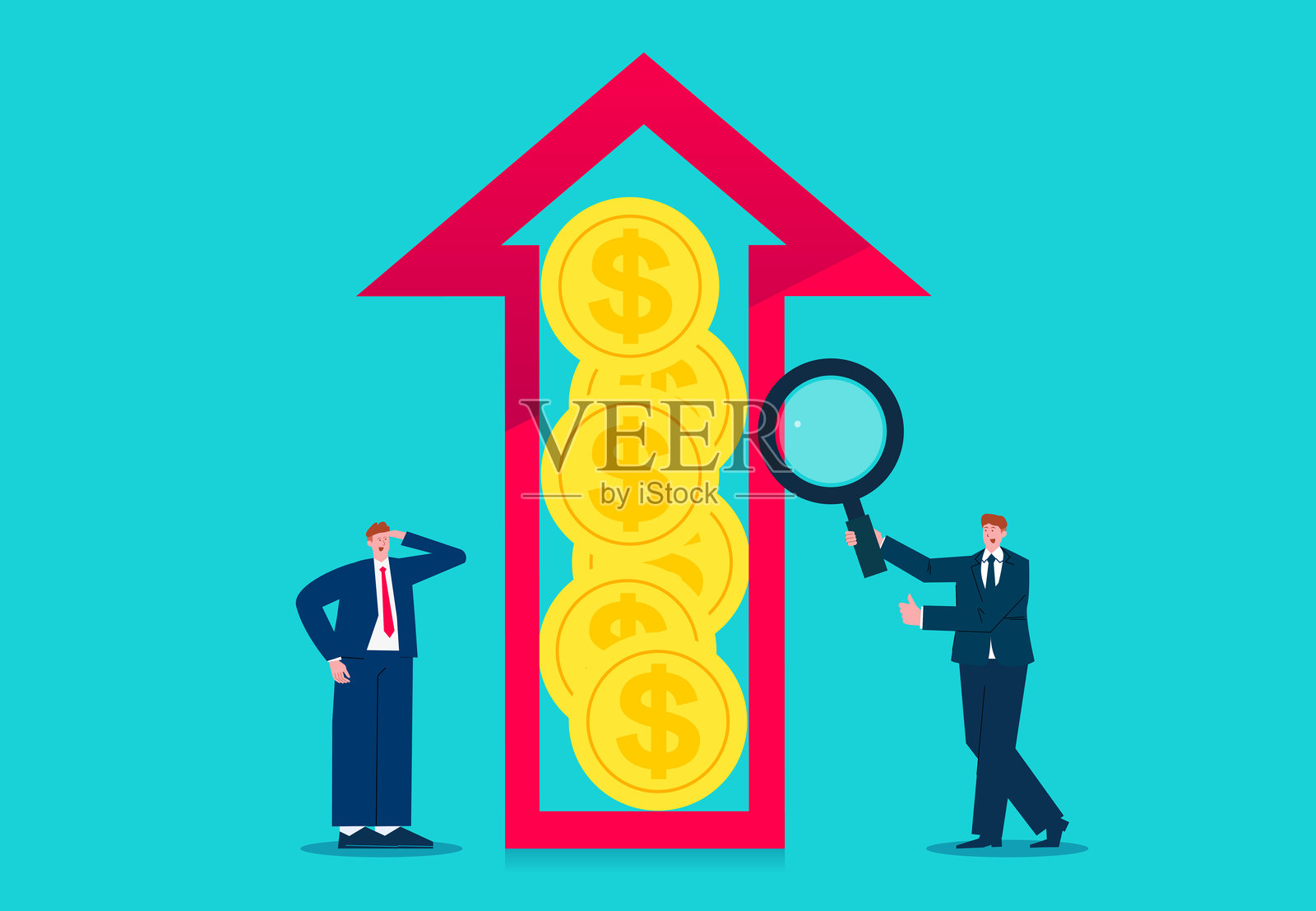 发现投资机会、未来商业分析、财富、收益、利润或收入增长，商人关注增长箭头中的金币插画图片素材