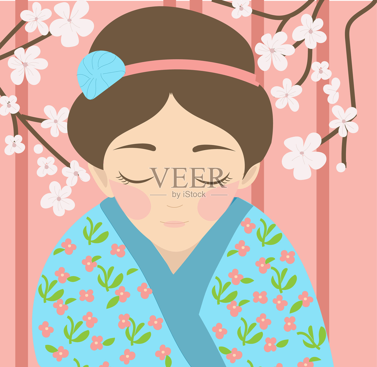 优雅的年轻日本女性穿着传统和服，优雅地站在盛开的樱花树旁。极简风格的时尚平面插图，适合印刷、明信片等用途。插画图片素材