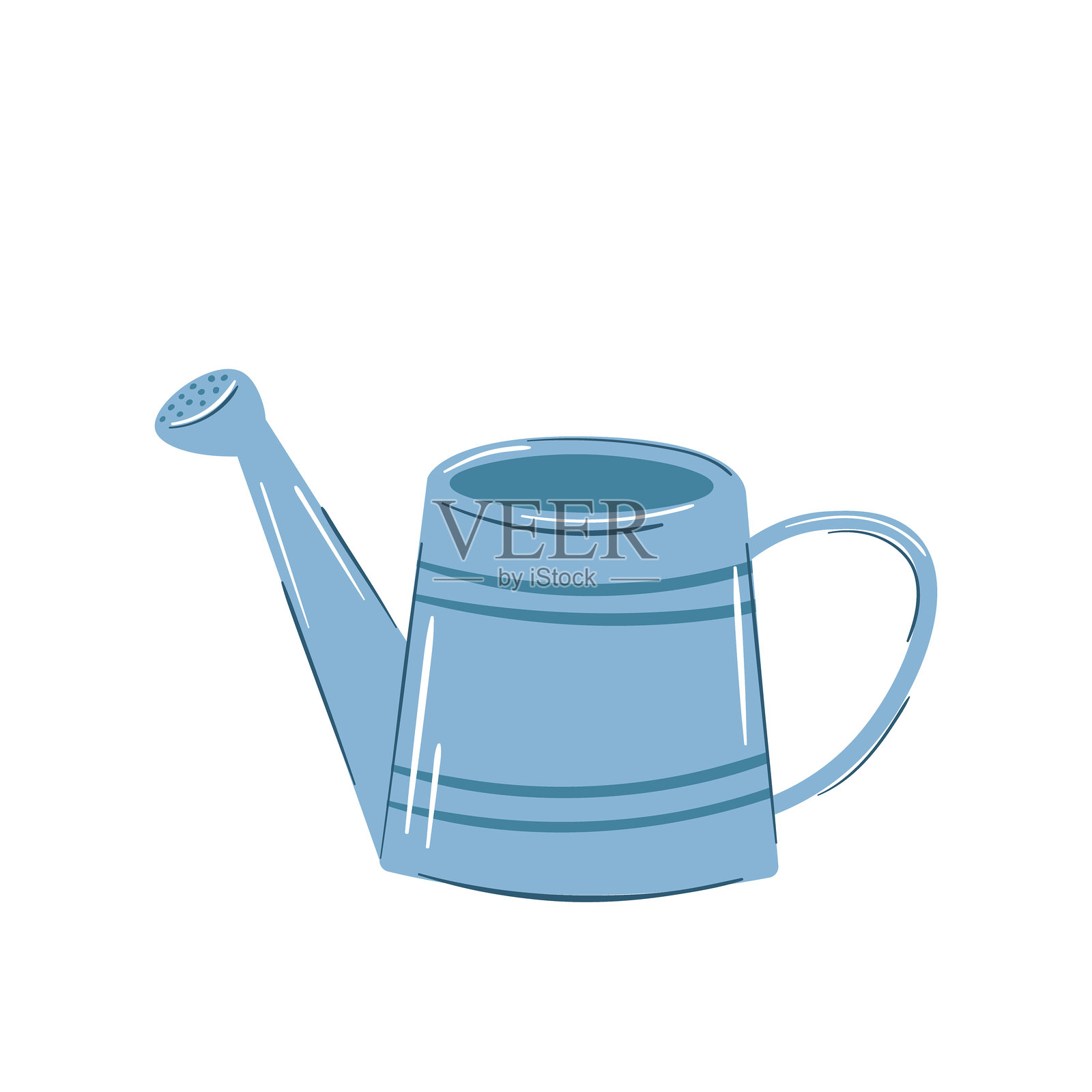 复古蓝色金属浇水壶。园艺工具。手绘涂鸦插图插画图片素材