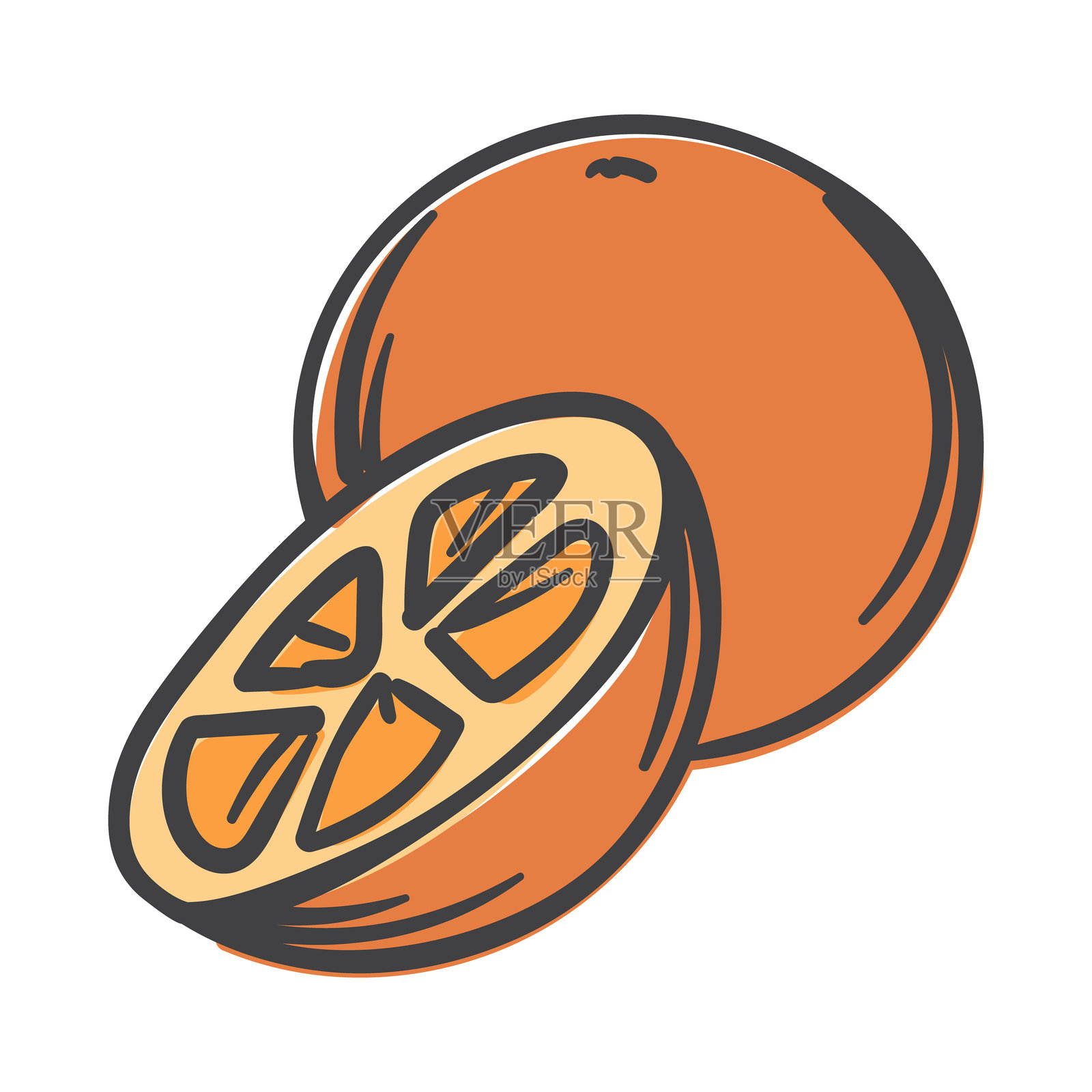 橙子。一个简单的手绘图标，带有偏移轮廓。适用于印刷、贴纸、横幅的矢量插图。插画图片素材