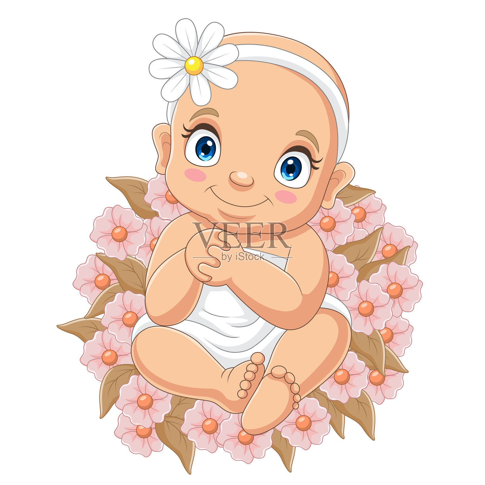 可爱的小女孩在白色背景上摆姿势插画图片素材