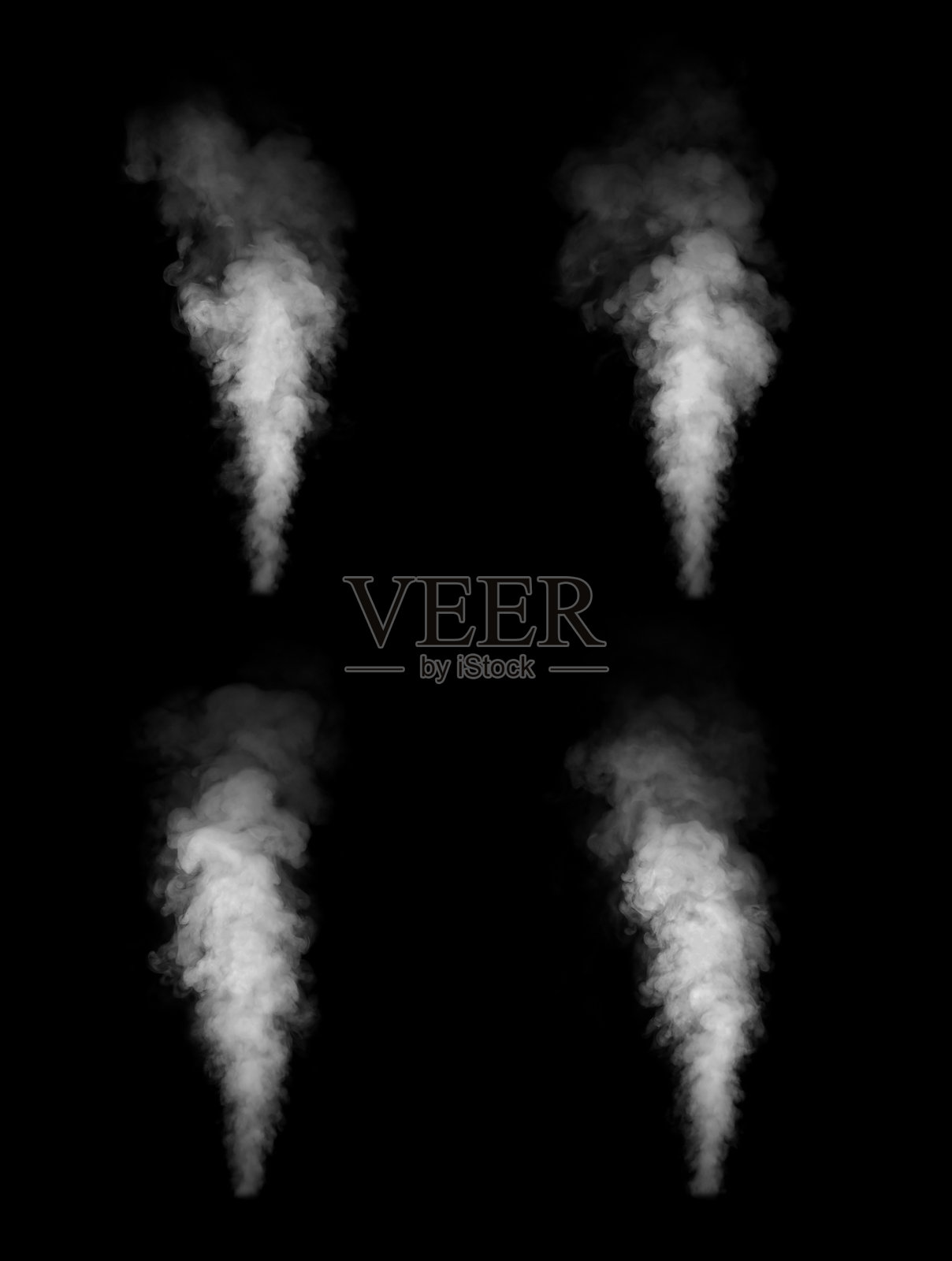 不同形状和特征的烟雾。描绘不同纹理和密度的雾霾，背景为黑色。照片摄影图片