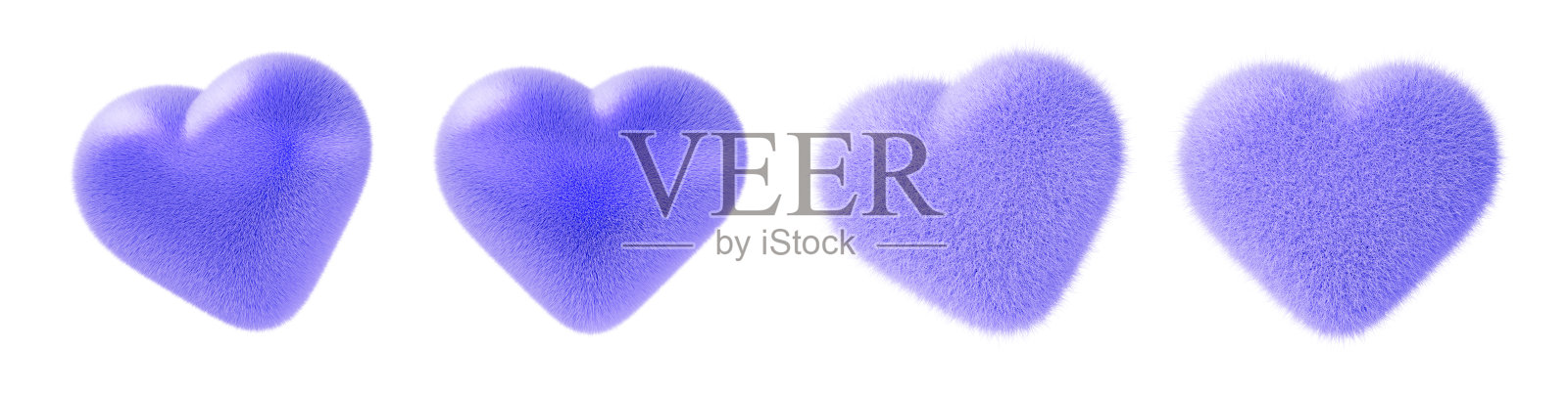 3D紫色毛茸茸的心形从不同角度展示。毛茸茸的爱心符号组合，适合情人节、母亲节或婚礼。柔软的毛绒枕头，独特的浪漫礼物。照片摄影图片