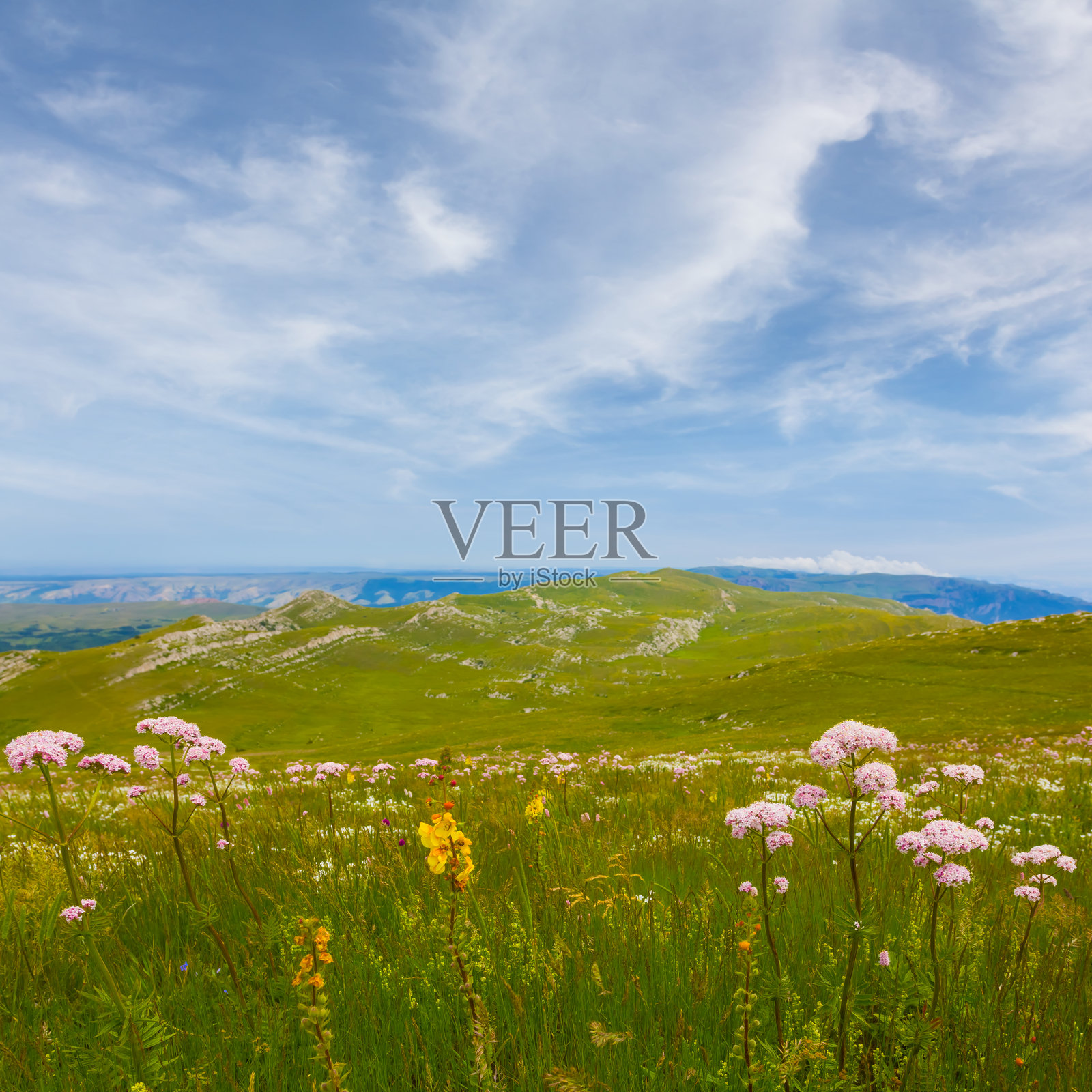 夏日蓝天白云下的绿色山谷照片摄影图片