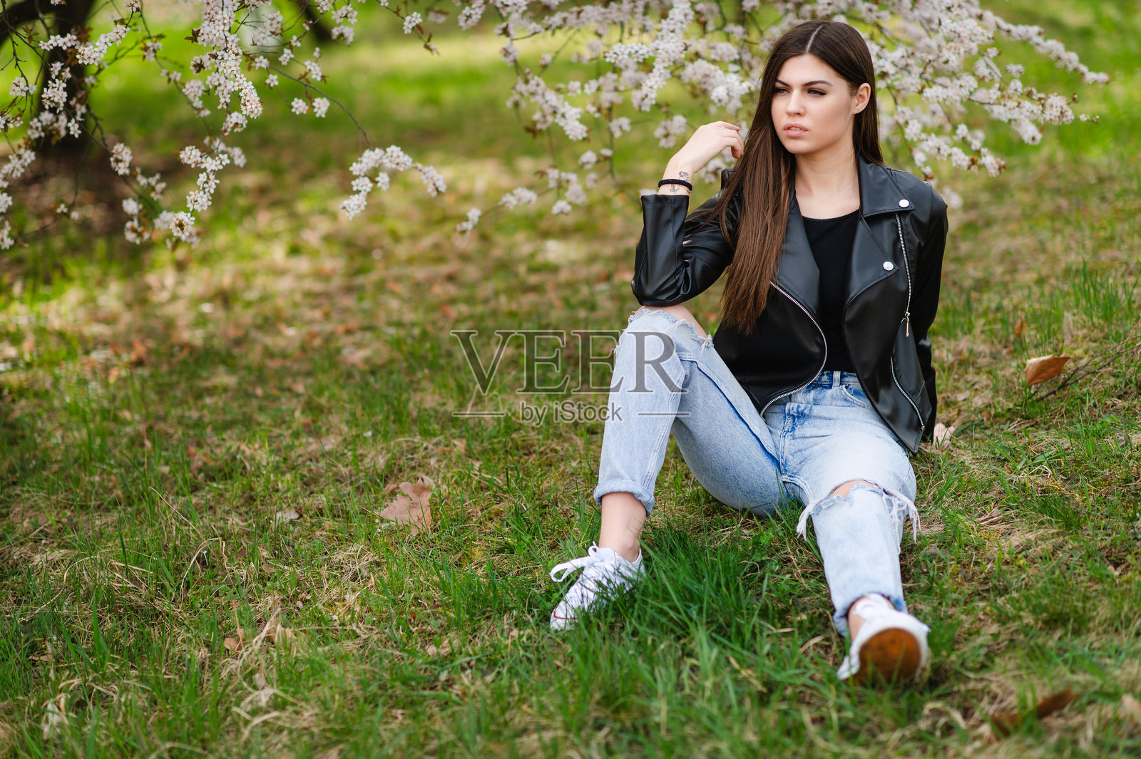 自信的年轻女性坐在樱花树下的草地上照片摄影图片