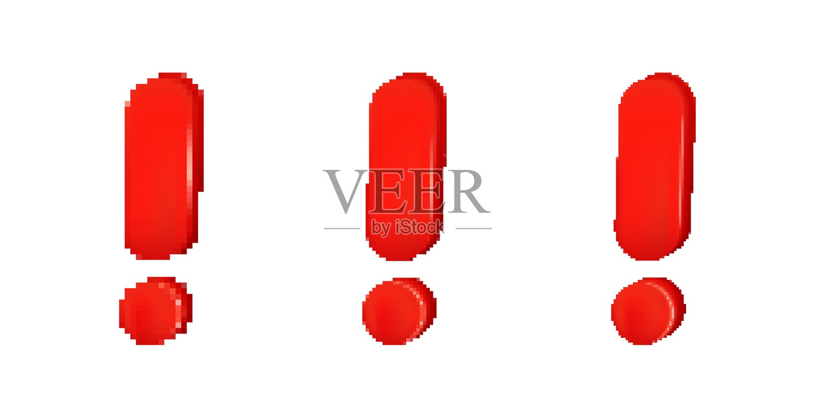 像素化的红色感叹号，带有光泽效果，粗体数字标点符号插画图片素材