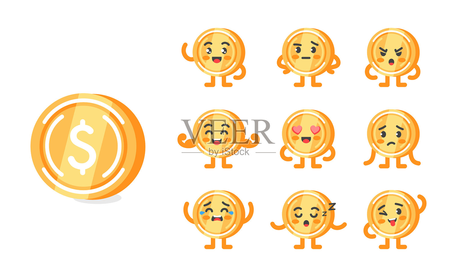 金币美元搞笑角色的多种姿势和情感，吉祥物象征商业、金融和胜利插画图片素材