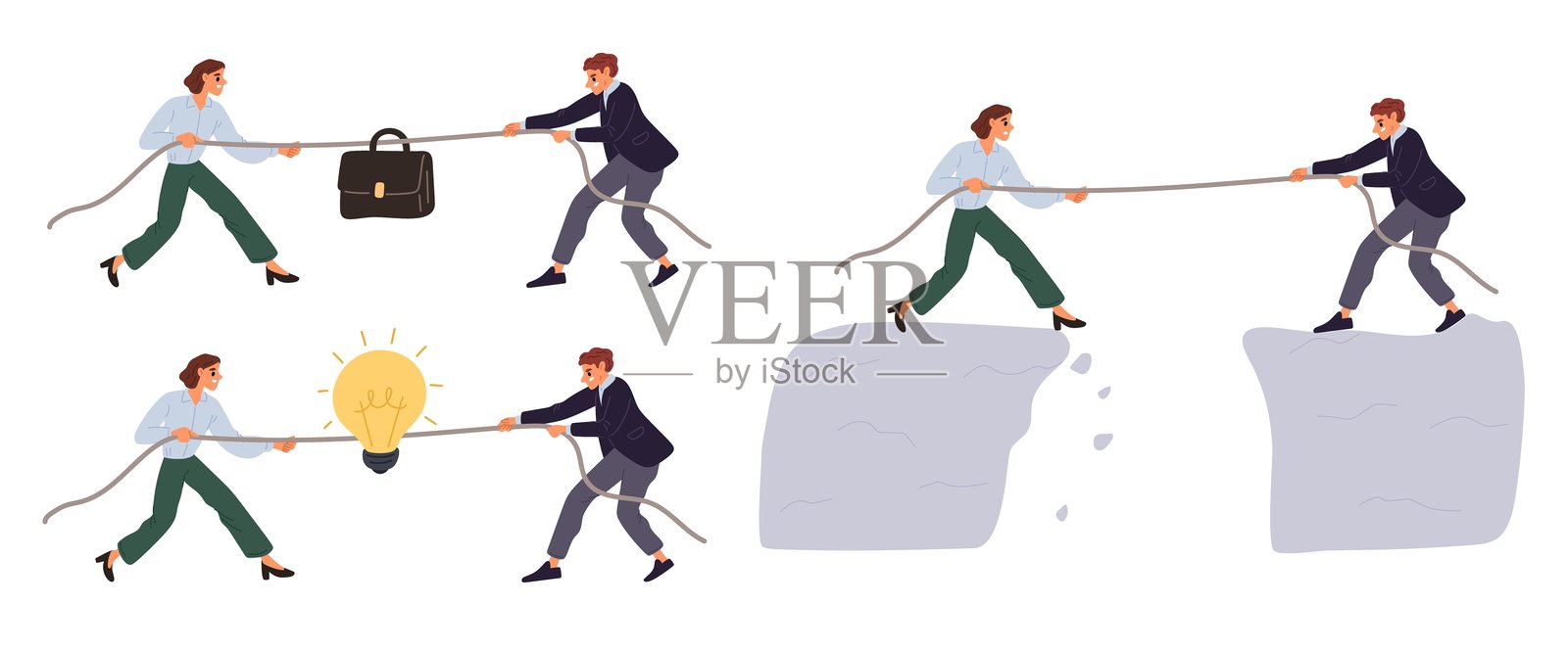 商业竞争。男女之间的竞争。拔河比赛。人们在山崖边拉绳子。商人手提公文包。同事之间的竞争。矢量概念集。插画图片素材