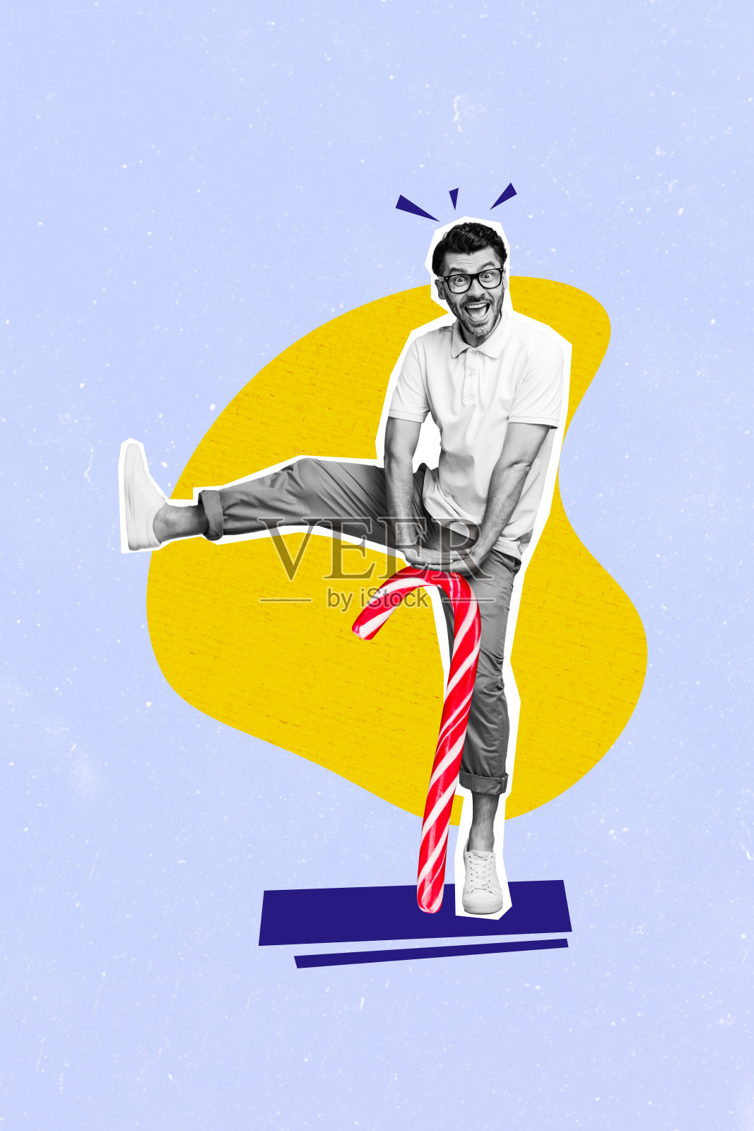 年轻男子在甜美的焦糖甜点前疯狂跳舞，充满活力，笑声不断，背景是绘画风格的拼贴画。照片摄影图片