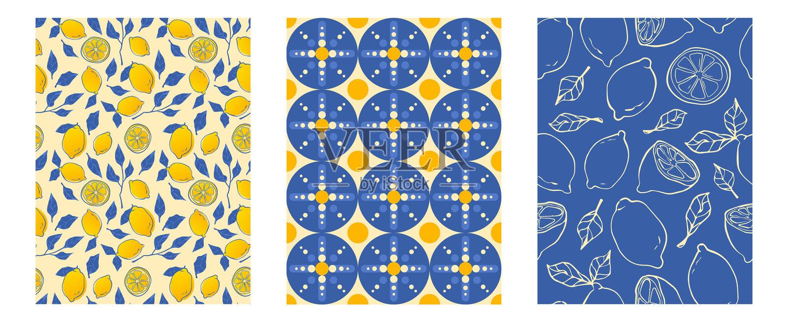 阿马尔菲图案套件，带有地中海柠檬图案插画图片素材