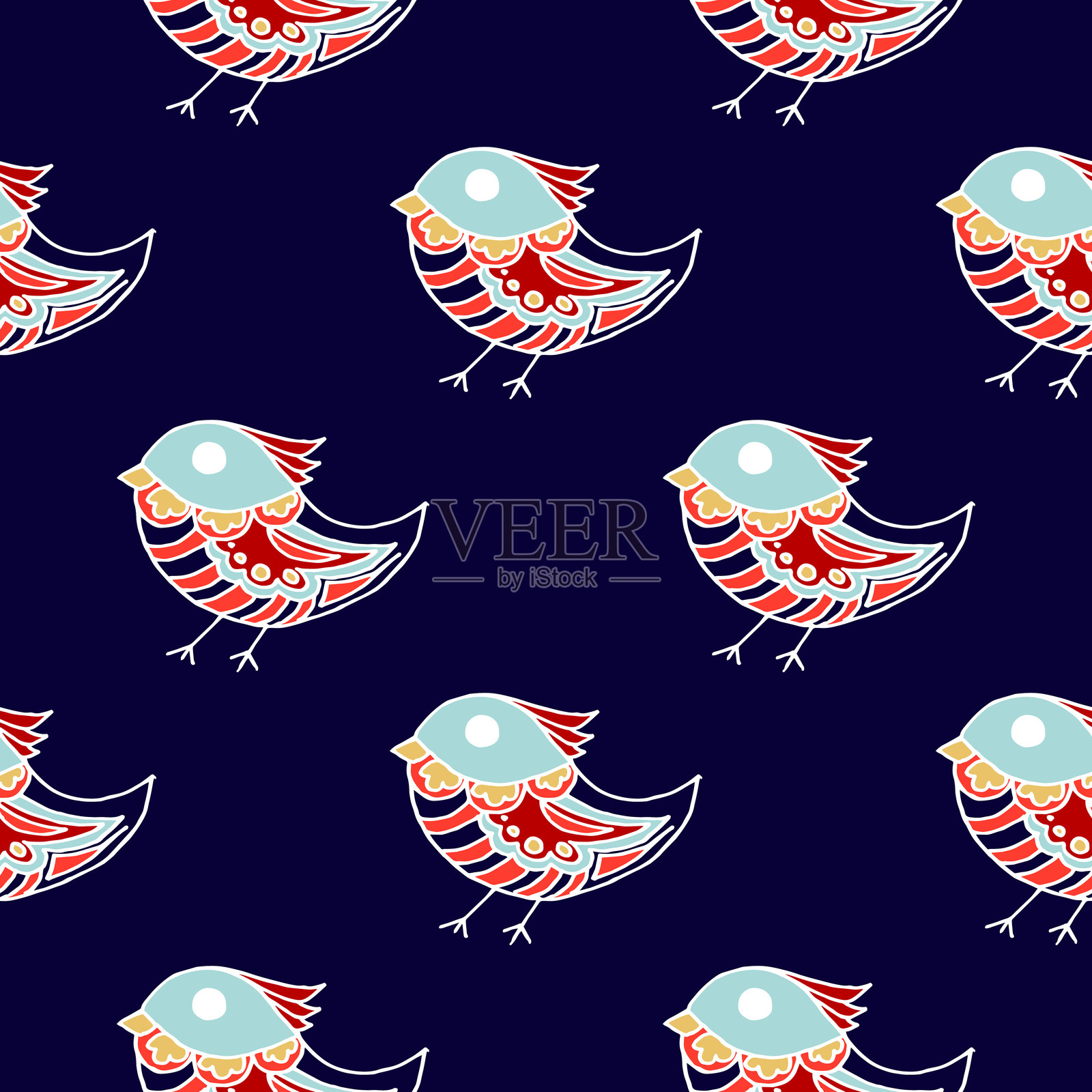 民间鸟花装饰。手绘风格的图案，专为面料设计。插画图片素材