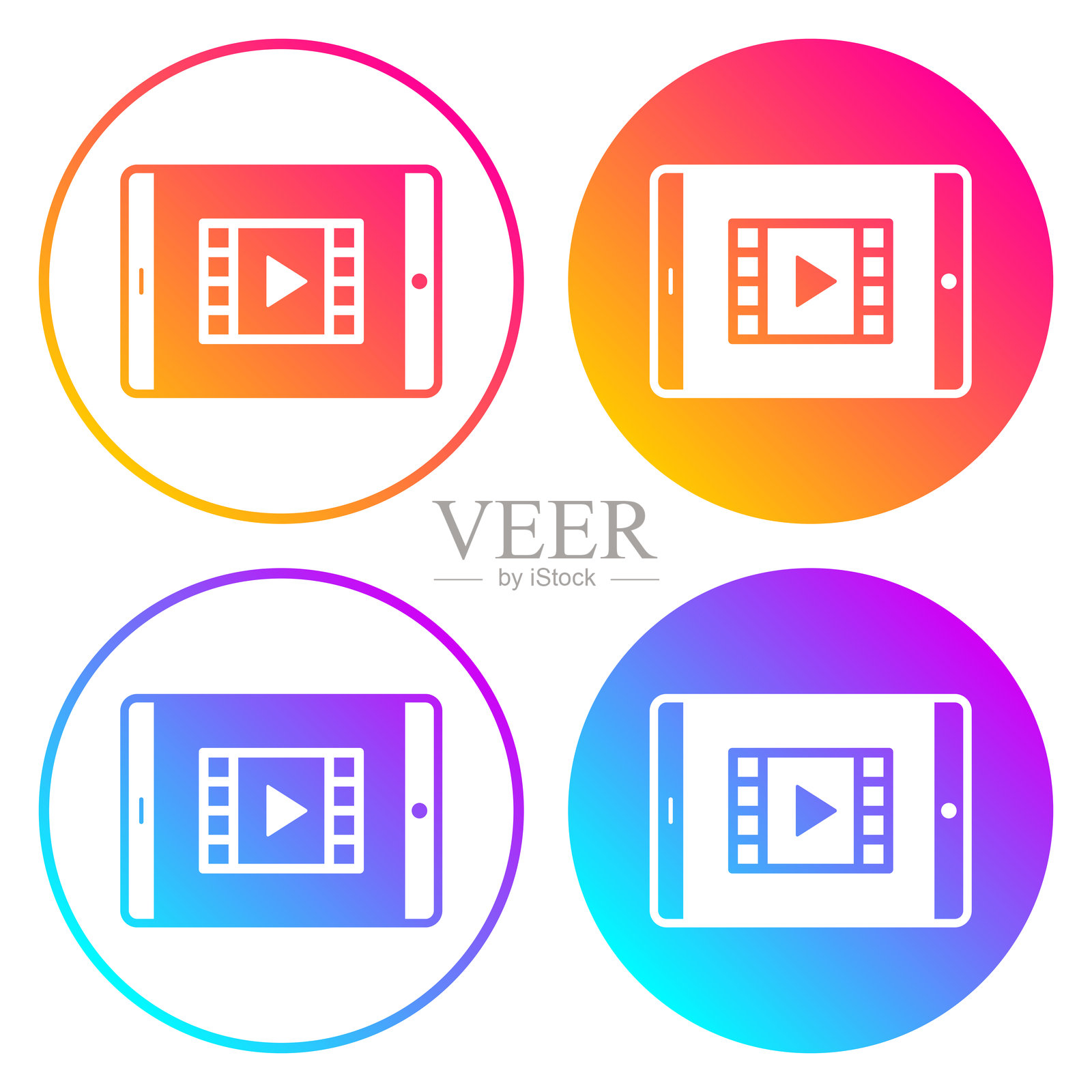 在平板电脑上观看视频。带有渐变色的圆形图标。插画图片素材