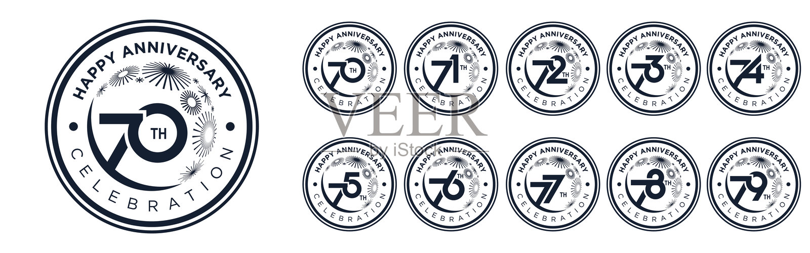 70到79周年纪念标志设计，黑色烟花庆祝活动、婚礼和生日，矢量插图插画图片素材