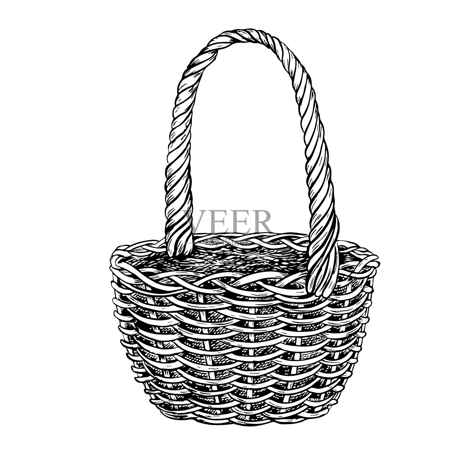 一个带把手的空藤篮。手绘草图。野餐和丰收的象征。白色背景上的矢量插图。黑白图形。插画图片素材