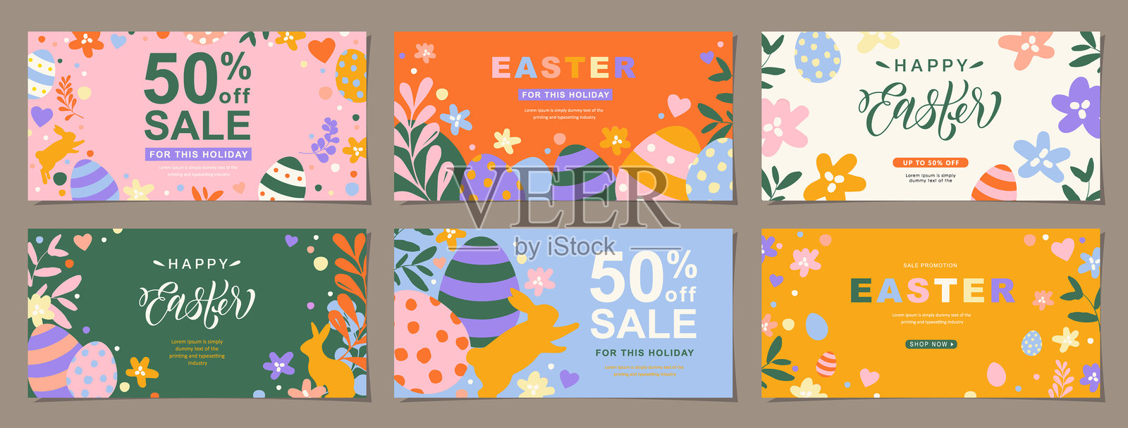复活节快乐促销套装，包括社交媒体、贺卡、海报和节日封面。时尚设计，配有排版、手绘花卉、彩蛋和兔子，色彩鲜艳。矢量背景。插画图片素材