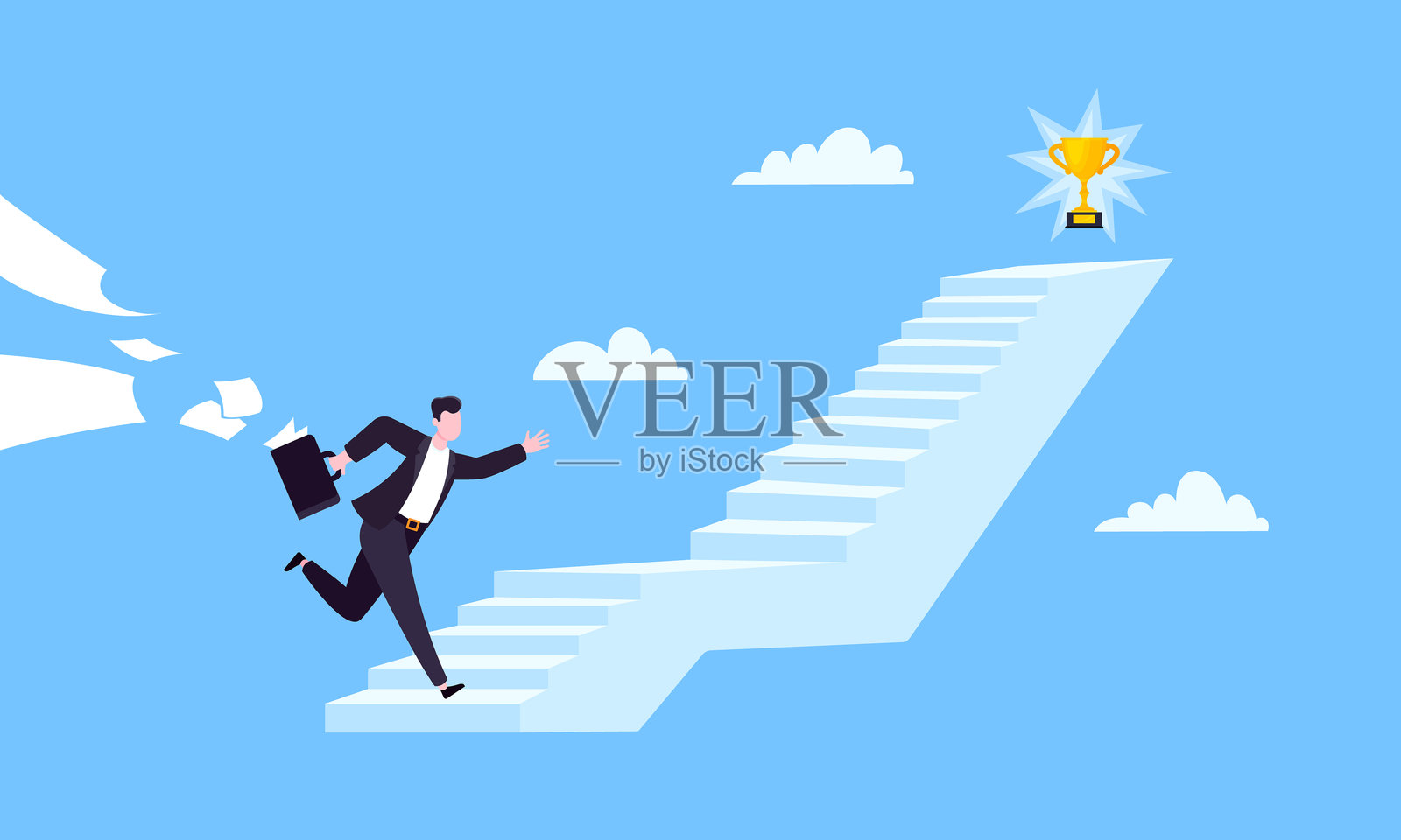 成功的职业阶梯步骤路径挑战与商业目标达成的旗帜目标。插画图片素材