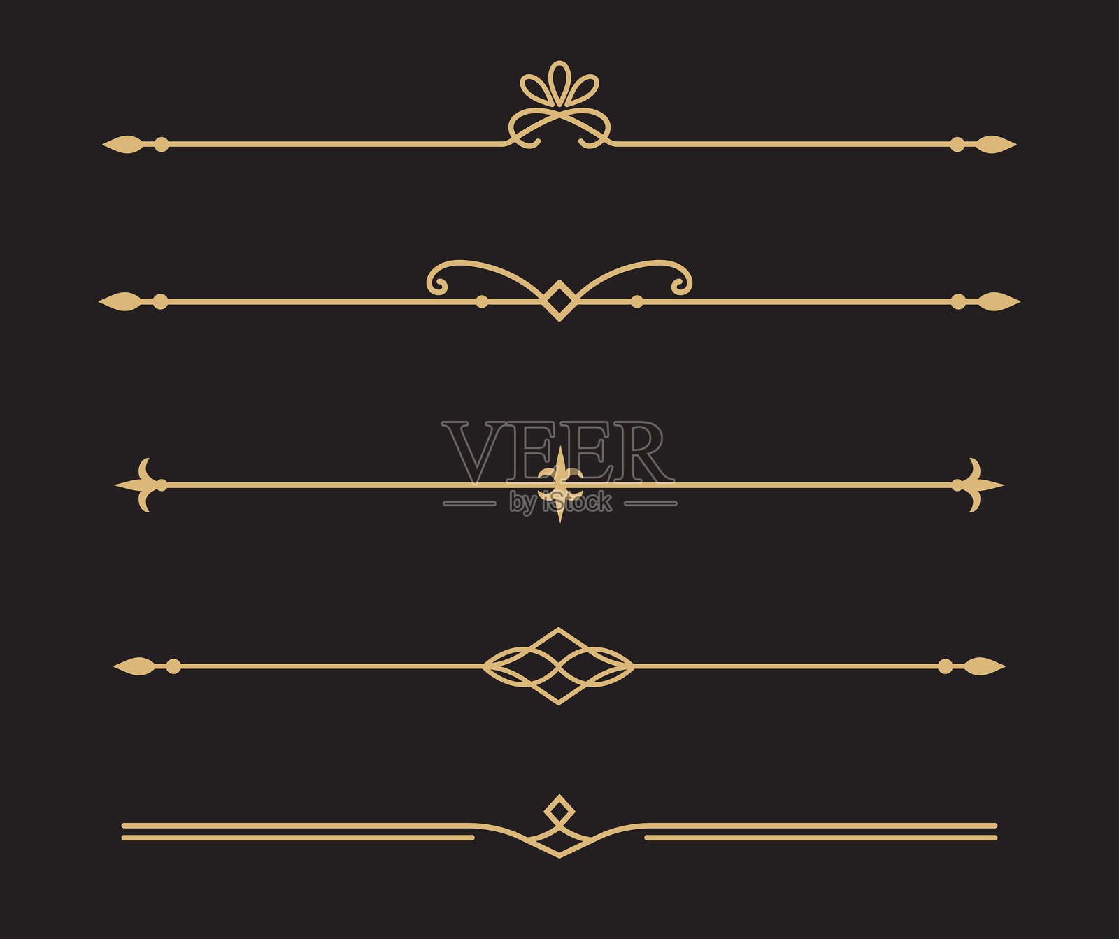 一组复古装饰金线。文本分隔符。金色线条边框。线条分隔符，边框，复古分隔符，下划线元素。矢量插图插画图片素材