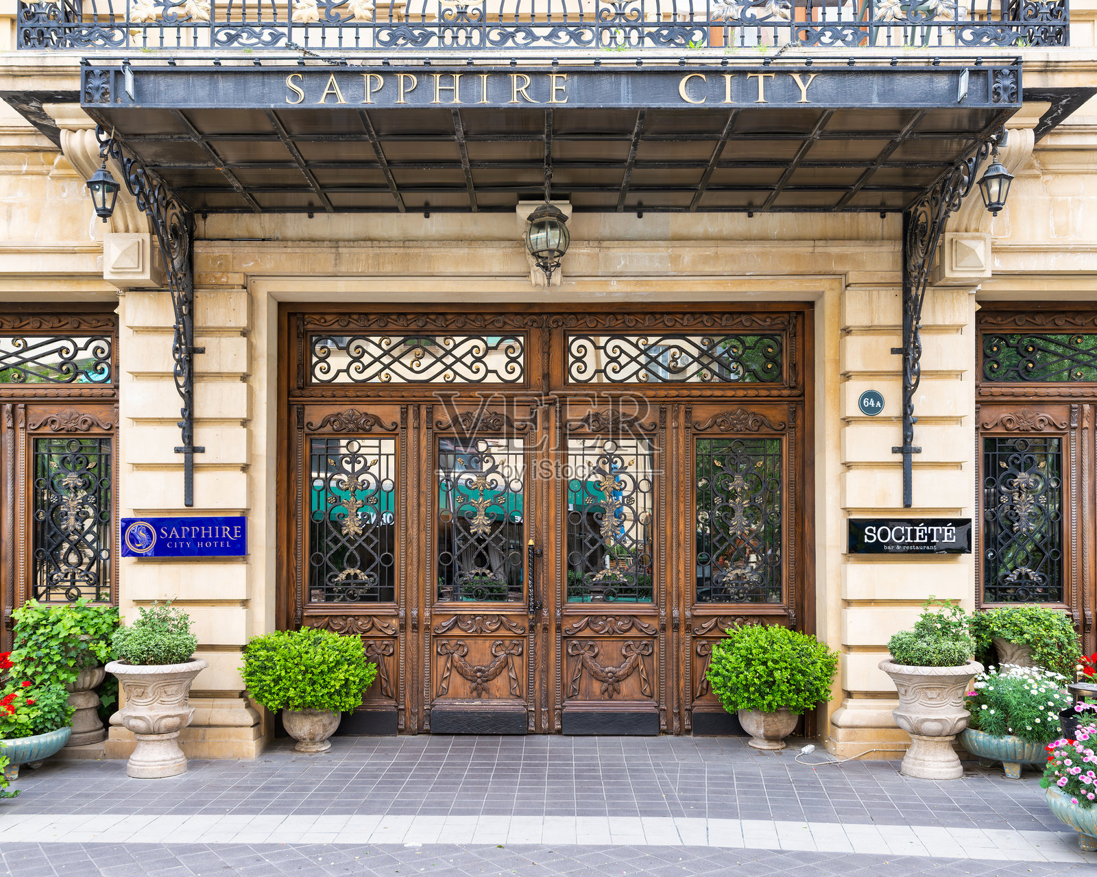 一对精美雕刻的木门特写，配有复杂的铁格栅，位于一座巴黎风格的建筑中。照片摄影图片