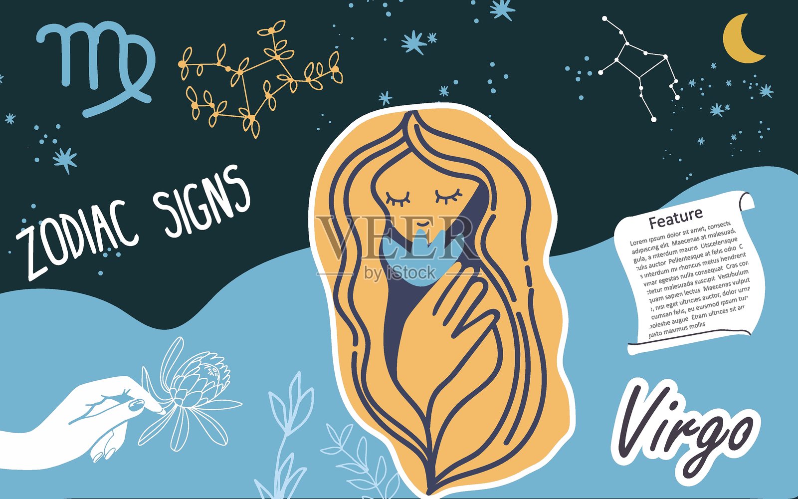 拼贴画，背景，处女座。手绘图形矢量插图。插画图片素材