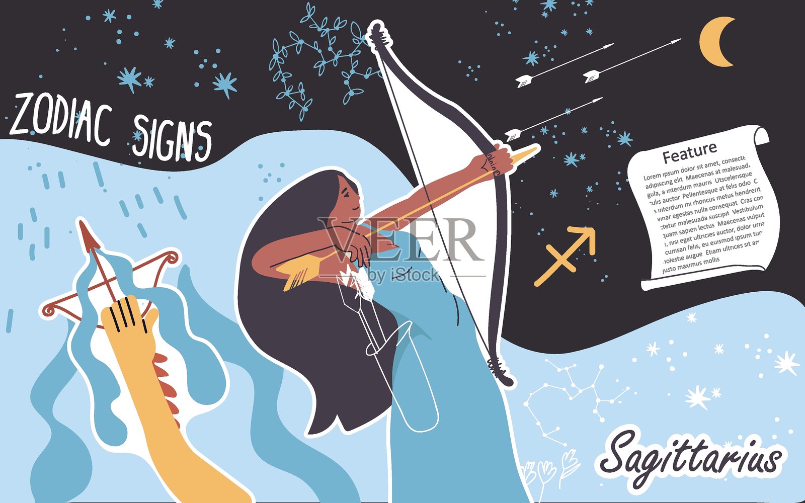 拼贴画，背景，射手座。手绘图形矢量插图。插画图片素材